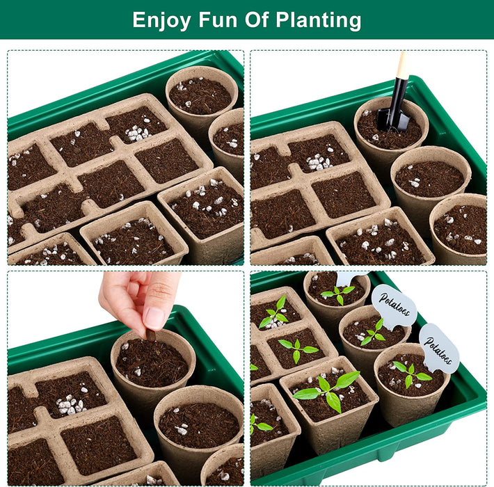 6 Sets Cells Seed Starter Tray Kit with Humidity Dome and Base Seed Starter Peat Pots Germination Trays Including Plastic Plant Growing Trays for Indoor Outdoor Gardening, Green