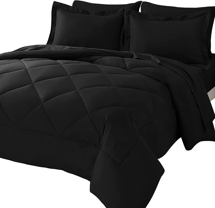 Queen Comforter Set with Sheets 7 Pieces Bed in a Bag Black All Season Bedding Sets with Comforter, Pillow Shams, Flat Sheet, Fitted Sheet and Pillowcases