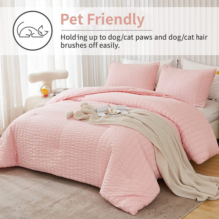 Blush Pink Seersucker Queen Comforter Set (90X90 Inches), 3 Pieces - 100% Soft Washed Microfiber Lightweight Comforter with 2 Pillowcases, All Season down Alternative Comforter Set for Bedding