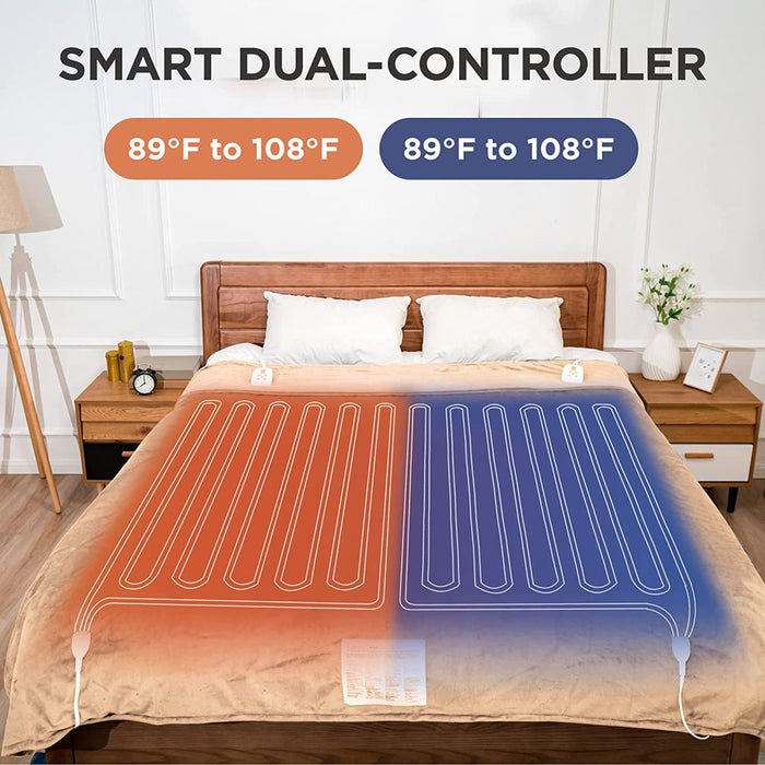 Electric Blanket Queen Size 84"X90" Flannel Heated Throw Blanket, Dual Controls Setting Electric Blanket, 10 Heating Levels, 12H Auto-Off, 5 Years Warranty, Machine Washable - Beige
