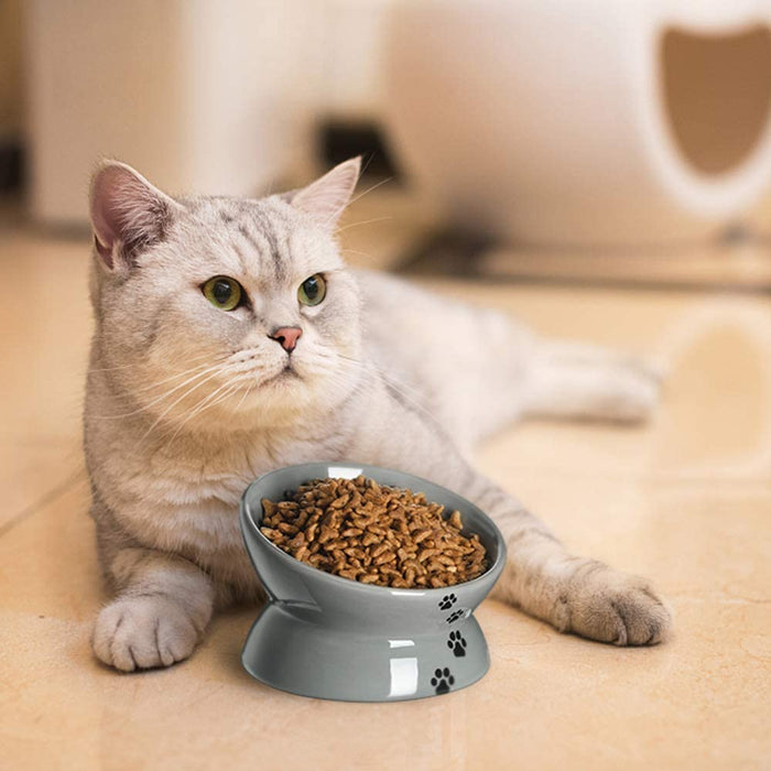 Raised Cat Food Bowl, Ceramic Elevated Cat Bowl, Title Angle Protect Cat'S Spine, anti Vomiting Cat Dish, Backflow Prevention, Grey