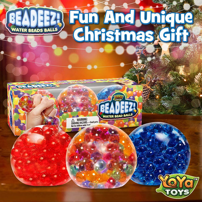 Beadeez Squishy Stress Relief Balls (3 Pack) - Colorful Squeeze Stretch Balls with Water Beads - Sensory Fidget Toys for Kids and Adults - Increase Focus, Great for ADHD, Autism, Anxiety