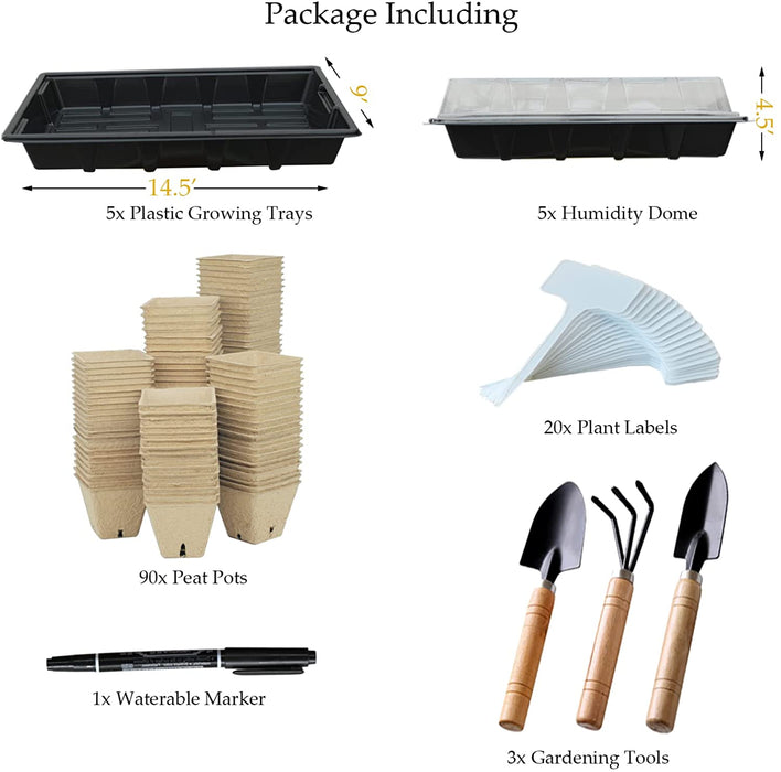 Seed Starter Kit with 90 Peat Pots for Seedlings Seed Starter Tray, 5 Plastic Growing Trays 20 Plant Labels & 3 Garden Tools Outdoor or Indoor