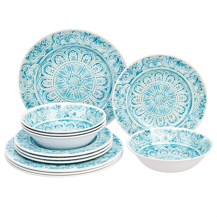 Melamine Dinnerware Set, Service for 4, Traditional Blue and White - Set of 12