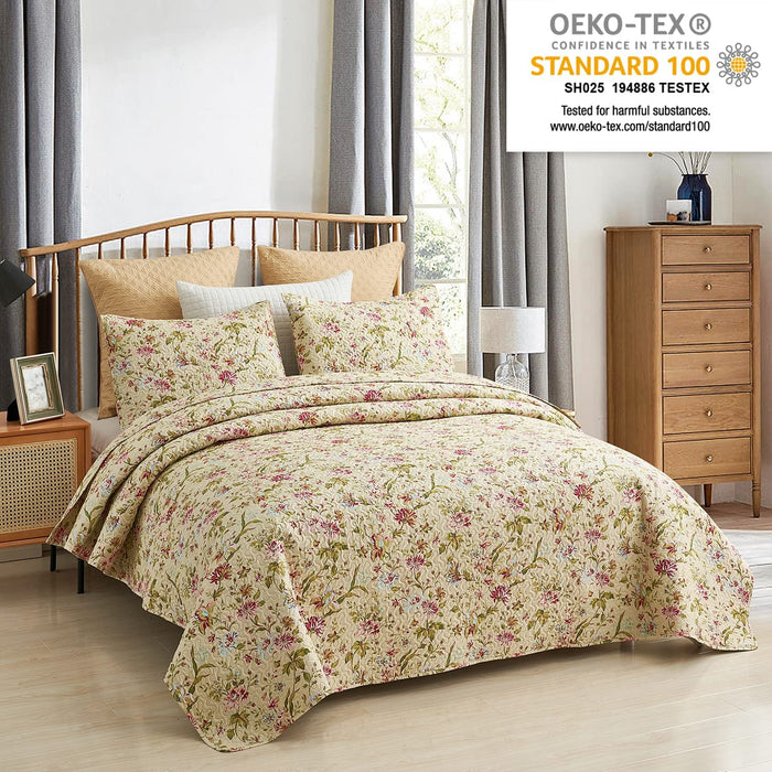Quilt Set, 3-Piece Quilt Sets with 2 Pillow Shams - Boho Reversible Soft and Lightweight Quilt Bedding Bedspread Coverlet Set (Beige Floral, King)