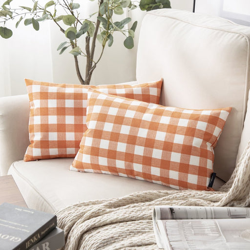 Gingham Checker Plaid Farmhouse Summer Square Decorative Throw Pillow for Couch, 12" X 20", Orange/White, 2 Pack