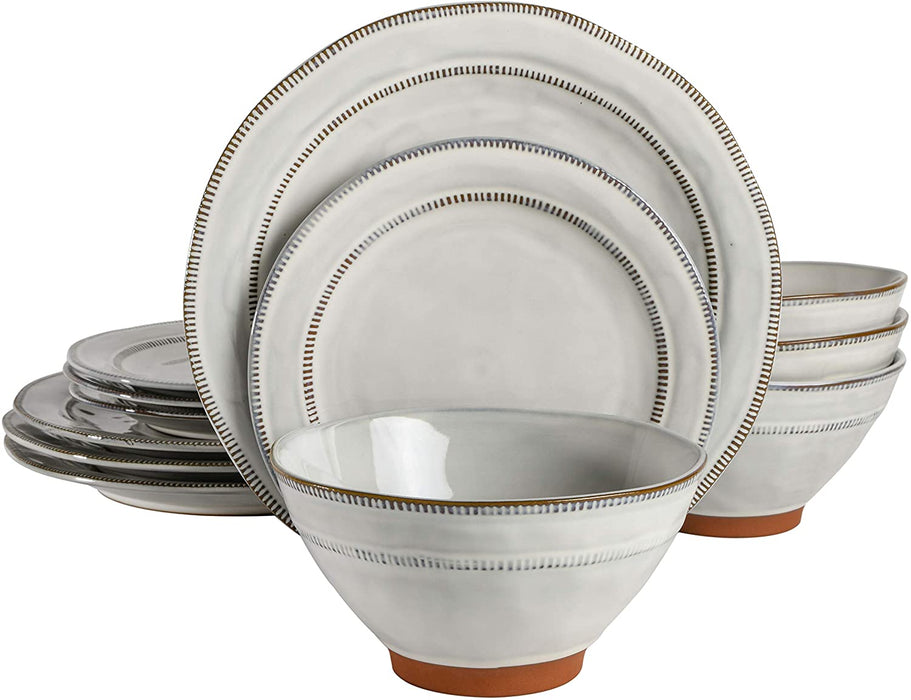 Gibson Elite Terranea round Reactive Glaze Terra Cotta Dinnerware Set, Service for Four (12Pcs), Grey