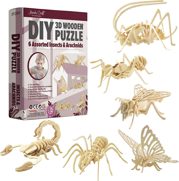 Hands Craft DIY 3D Wooden Puzzle – 6 Assorted Wild Animals Bundle Pack Set Brain Teaser Puzzles Educational STEM Toy Adults and Kids to Build Safe and Non-Toxic Easy Punch Out Premium Wood JP2B8