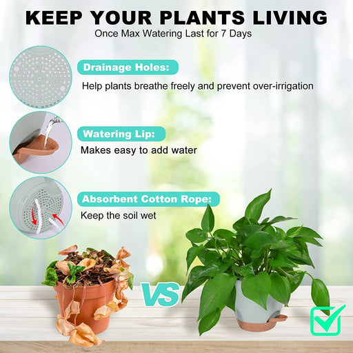 Plant Pots 7/6.5/6/5.5/5 Inch Self Watering Planters for Indoor Plants with Drainage Hole, Nursery Planting Pot Plastic Flower Pot for Succulents, African Violet (Green)
