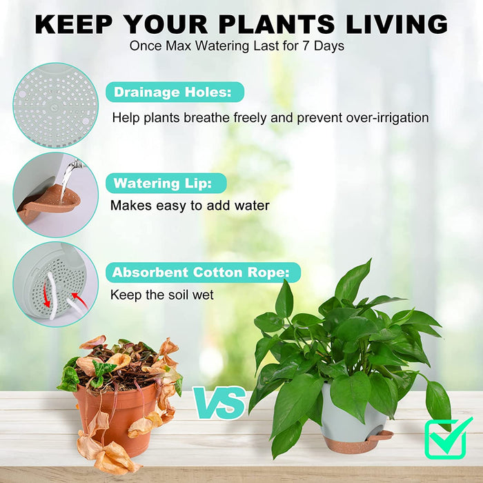 Plant Pots 7/6.5/6/5.5/5 Inch Self Watering Planters for Indoor Plants with Drainage Hole, Nursery Planting Pot Plastic Flower Pot for Succulents, African Violet (Green)