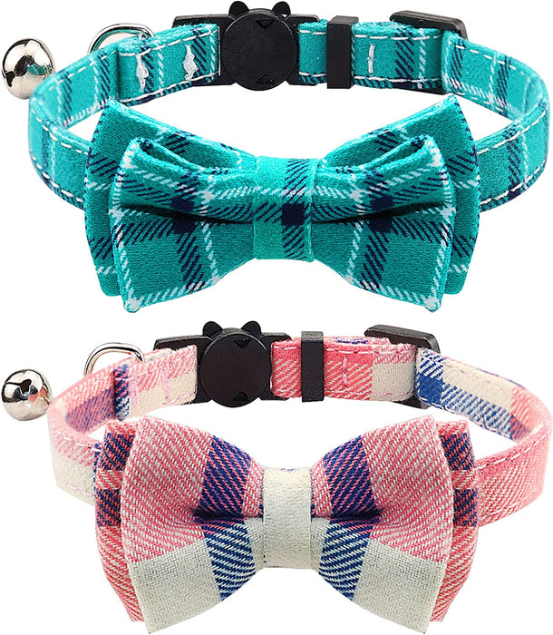 Breakaway Cat Collar with Cute Bow Tie and Bell, Plaid Patterns, 1 Pack Girl Boy Kitty Safety Collars, Blue