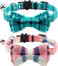 Breakaway Cat Collar with Cute Bow Tie and Bell, Plaid Patterns, 1 Pack Girl Boy Kitty Safety Collars, Blue