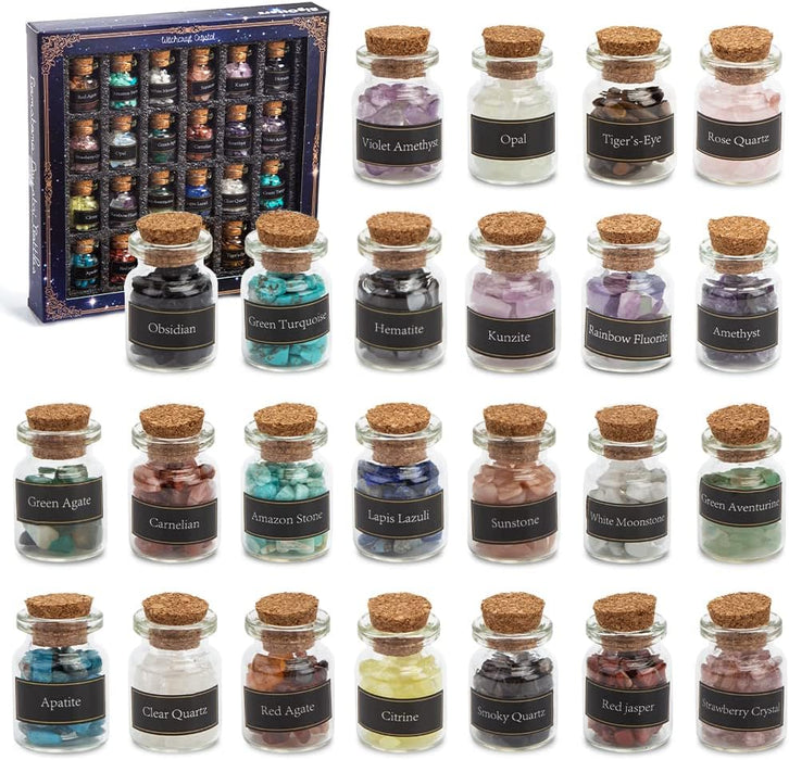 Witchcraft Crystals, 24 Bottles Witch Crystals Chakra Healing Stones Gemstones Chips Bulk Tumbled Gem for Home Decor Meditation Therapy Craft Supplies