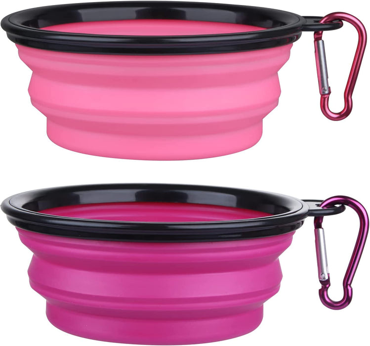 Collapsible Dog Bowl, 2 Pack Collapsible Dog Water Bowls for Cats Dogs, Portable Pet Feeding Watering Dish for Walking Parking Traveling with 2 Carabiners (Small, Orange+Pink)