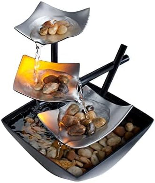 Indoor 3-Tier Relaxation Tabletop Fountain, Automatic Pump with Power Switch, Extra Deep Basin with Natural River Rocks and Reflective Lighting Feature, Envirascape Silver Springs