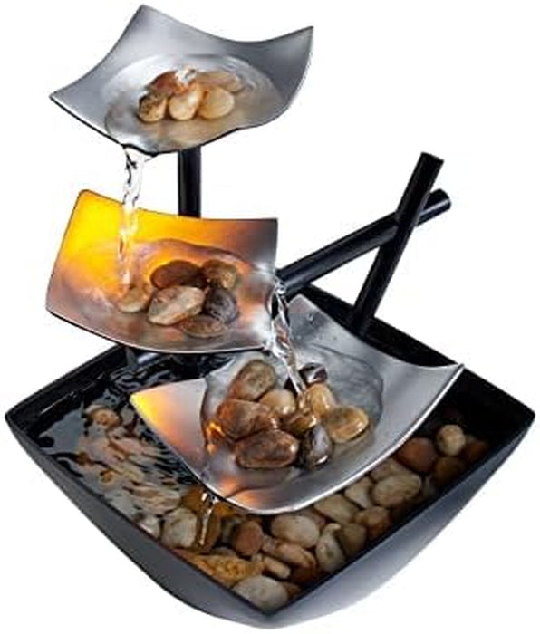 Indoor 3-Tier Relaxation Tabletop Fountain, Automatic Pump with Power Switch, Extra Deep Basin with Natural River Rocks and Reflective Lighting Feature, Envirascape Silver Springs