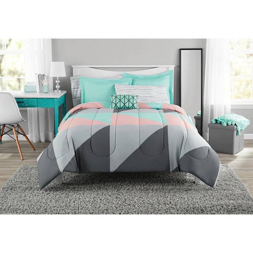 Mainstays Gray and Teal Geometric 8 Piece Bed in a Bag Comforter Set with Sheets, Queen