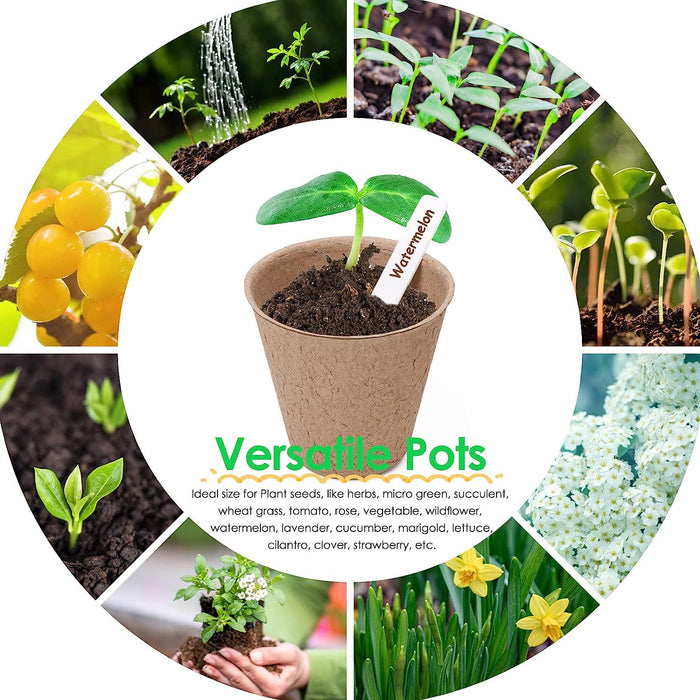 3” Peat Pots Seedling Pots Plant Starters Bulk 100 Pack Seed Starter Pots Biodegradable Kits with 100 Pcs Plant Labels, 3 Pcs Mini Seedling Tools for Garden Germination Nursery Pot