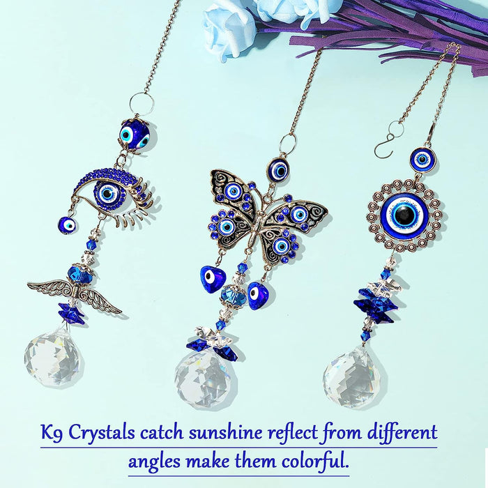 Sun Catchers, 3PCS Evil Eye Suncatcher for Window Hanging Crystal Ball Prisms Rainbow Maker Blue Eyes Pendant for Garden Car Home Indoor Outdoor Decor Charm Valentine'S Day Gift