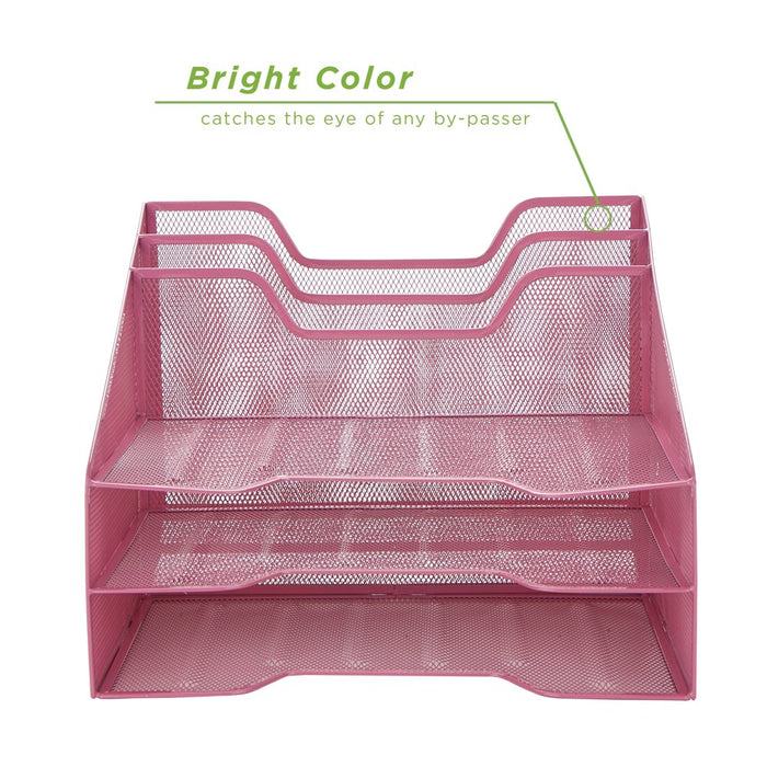 Mind Reader 3-Tier Mesh Desk File Organizer Tray with 5 Compartments, Pink