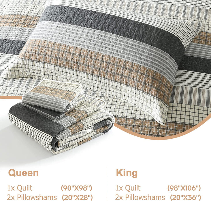 Quilt Queen Size, Queen Quilt Set, Cotton Quilt, Grey Striped Queen Quilt Bedding Set Bedspreads, Reversible Lightweight Quilt Bedspread Set for All Season, 3-Piece