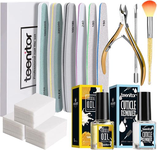 Nail and Cuticle Care Tools Kit with Cuticle Remover, Nail Files Buffer, Cuticle Nail Clipper, Cuticle Peeler Scraper Pusher and Cutter,Cuticle Oil and Nail Clean Cotton Pad