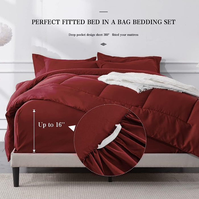 Full Size 7 Pieces Bed in a Bag Bedding Set - Lightweight Red Comforter Set, All Season Ultra Soft down Alternative Bedding Comforter Set with Comforter, Pillowcases, Flat Sheet, Fitted Sheet