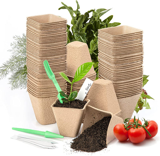 100Pack Peat Pots Planter Nursery Pots Seed Starter Tray for Garden Seedling Organic Eco-Friendly with Plant Labels, 2 Transplant Tools