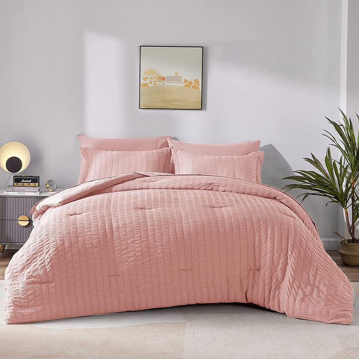 Full/Queen Seersucker Comforter Set with Sheets Pink Bed in a Bag 7-Pieces All Season Bedding Sets with Comforter, Pillow Sham, Flat Sheet, Fitted Sheet, Pillowcase