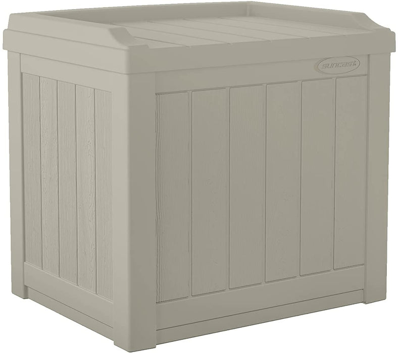 Small Deck Box-Lightweight Resin Indoor/Outdoor Storage Container and Seat Cushions and Gardening Tools Store Items on Patio, Garage, Yard, 22 Gallon, Light Taupe
