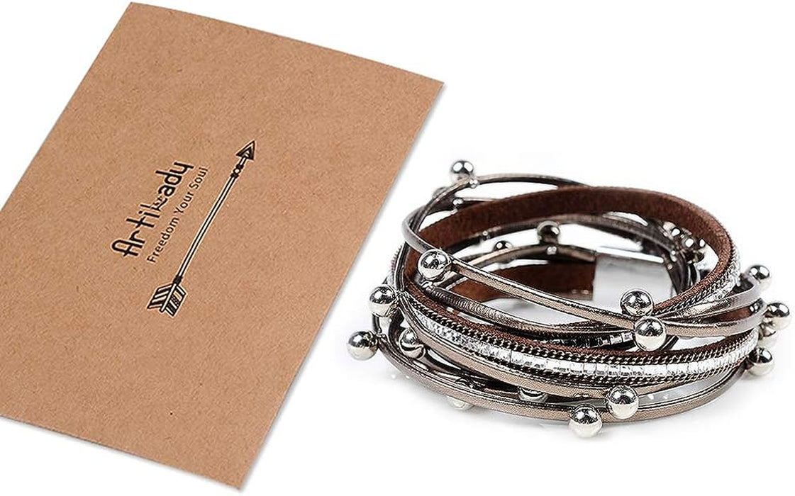 Leather Wrap Bracelet for Women - Handmade Clasp Bangle Bracelet with Pearl Beads Crystal Wristbands Jewelry Gift for Ladies and Mother