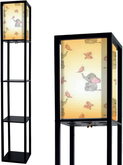 Seamless with Cute Elephants and Butterflies for Kids Design Baby Standing Lamp with Shelves Flaxen Fabric Shade Floor Lamp Tall Lamp Corner Bedside Lamp for Living Room Bedroom Aesthetic Decor