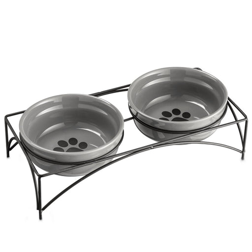 Ceramic Pet Bowls with Stand, 12 Ounces Raised Cat Dishes,Elevated Pet Bowls Non-Skid for Cats/Puppys, Gray