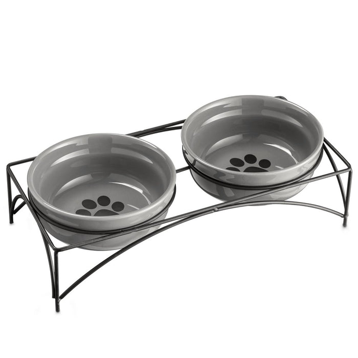 Ceramic Pet Bowls with Stand, 12 Ounces Raised Cat Dishes,Elevated Pet Bowls Non-Skid for Cats/Puppys, Gray
