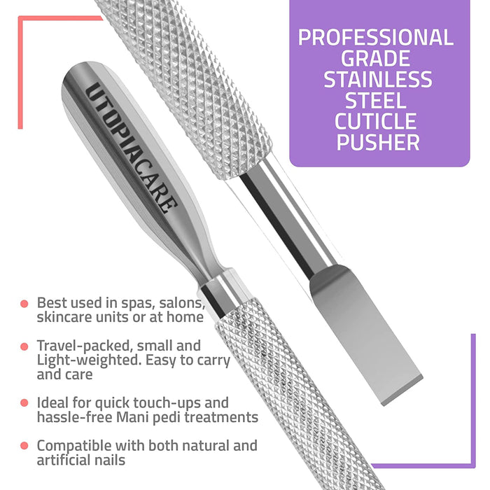 Cuticle Pusher and Spoon Nail Cleaner - Professional Grade Stainless Steel Cuticle Remover and Cutter - Durable Manicure and Pedicure Tool - for Fingernails and Toenails (Silver)