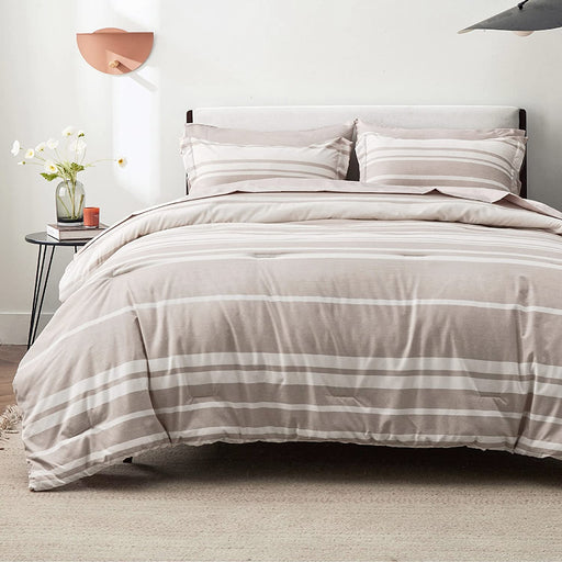 Bedsure Bed in a Bag Full Size 7-Piece Khaki White Striped Bedding Comforter Sets All Season Bed Set, 2 Pillow Shams, Flat Sheet, Fitted Sheet and 2 Pillowcases