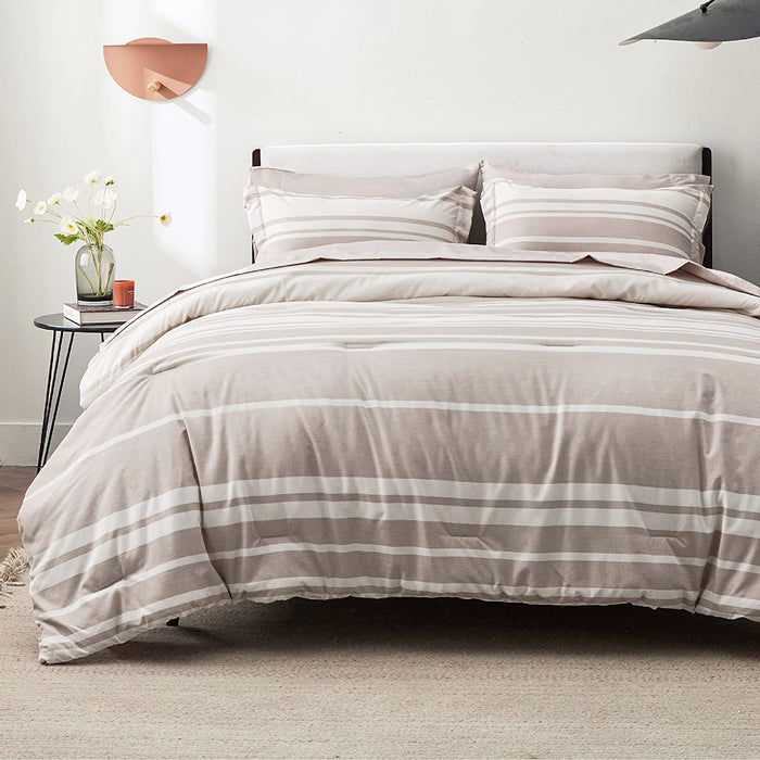 Bedsure Bed in a Bag Full Size 7-Piece Khaki White Striped Bedding Comforter Sets All Season Bed Set, 2 Pillow Shams, Flat Sheet, Fitted Sheet and 2 Pillowcases