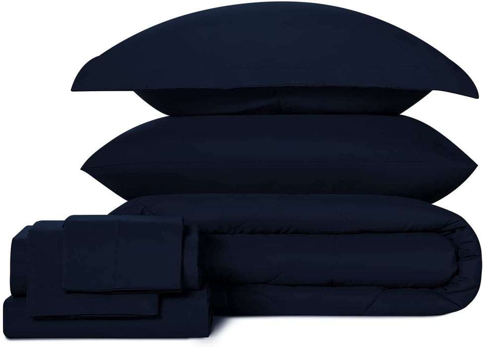 Queen Bed in a Bag 7 Pieces Comforter Set with Comforter and Sheets Navy Blue All Season Bedding Sets with Comforter, Pillow Shams, Flat Sheet, Fitted Sheet and Pillowcases