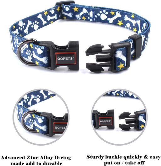 QQPETS Adjustable Soft Dog Collar: Print Flower Pink Multicolor Cute Patterns for XS Small Medium Large Pet Girl Boy Puppy Walking Running Training (M, Bone)