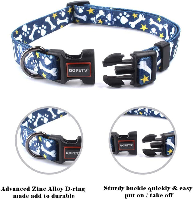 QQPETS Adjustable Soft Dog Collar: Print Flower Pink Multicolor Cute Patterns for XS Small Medium Large Pet Girl Boy Puppy Walking Running Training (M, Bone)