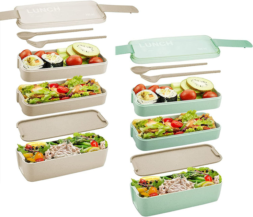 Bento Box Lunch Box for Adults Kids,  3-In-1 Compartment Containers - Wheat Straw, Leakproof Eco-Friendly Bento Lunch Box Meal Prep Containers Microwave Safe (Beige)