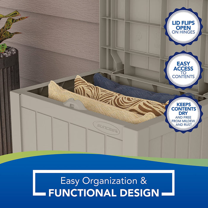 Small Deck Box-Lightweight Resin Indoor/Outdoor Storage Container and Seat Cushions and Gardening Tools Store Items on Patio, Garage, Yard, 22 Gallon, Light Taupe
