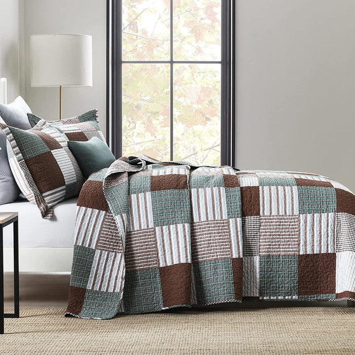 100% Cotton Quilt Set Queen Size, Patchwork Plaid Queen Quilt Bedding Set Bedspreads, Farmhouse Lightweight Comforter Reversible Quilt, Brown/Green Bed Spread for Queen Bed, 3 Pieces