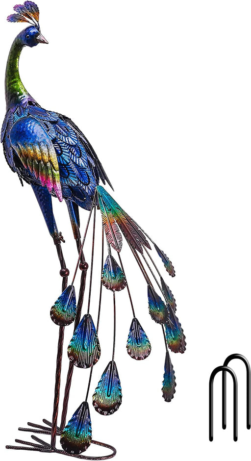 Yard Decor 3D Peacock Garden Sculptures & Statues, 35 Inch Large Metal Yard Art for Outdoor outside Backyard Porch Patio Pond Pool Indoor Decorations Blue Lawn Ornaments
