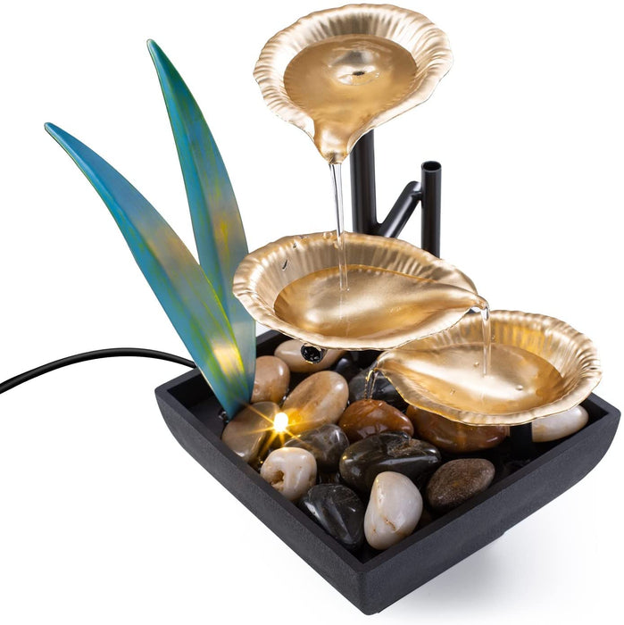 Tabletop Fountain Desktop 3-Tier Indoor Golden Lotus Leaf Relaxation Fountains Waterfall, Office Home Decor Including Lots of Natural River Rocks and Warm Yellow Scene Light, AM-MR2005