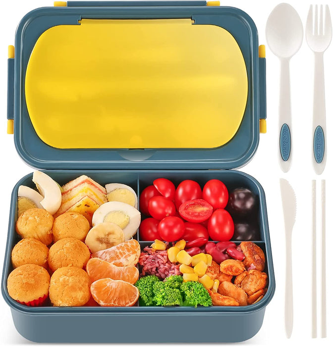 Bento Lunch Box for Kids and Adults with 3 Compartment Leak Proof Lunch Boxes for Men Women Food Containers with Spoon Fork Knife Chopsticks - 1400 ML (Blue)