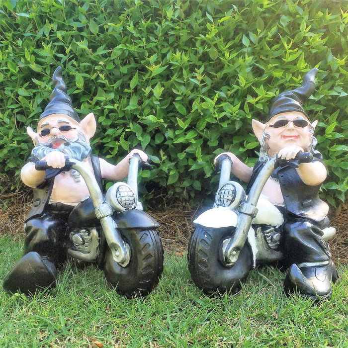 Homestyles "Biker Dude & Babe" the Biker Gnome in Leather Motorcycle Gear Riding Black and White Hogs Large Outdoor Garden Statue 12"H