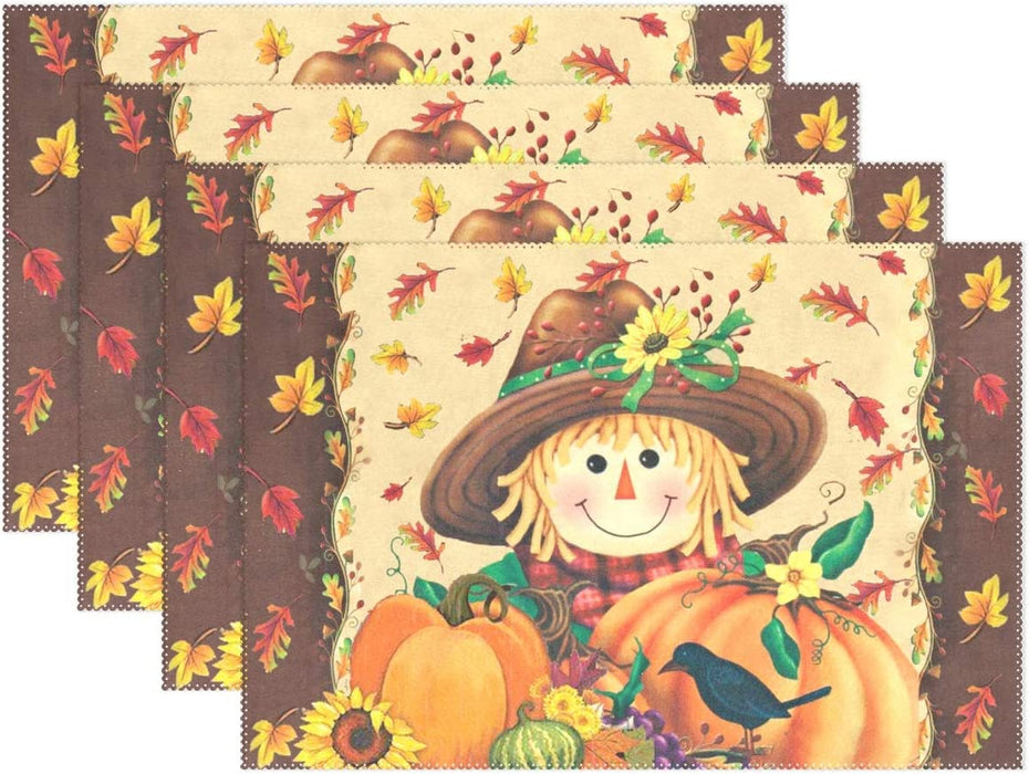 Pfrewn Autumn Scarecrow Pumpkin Sunflower Placemat Set of 4 Table Mat Fall Maple Leaf Birds Flower Place Mat Placemat 12" X 18" Dining Home Kitchen Table Decoration
