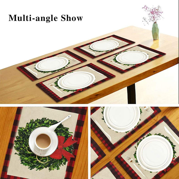 Pfrewn Christmas Holly Leaf Red Buffalo Plaid Placemats Set of 6 Table Mat Xmas Winter Place Mat Double-Sided Print 12" X 18" Dining Home Kitchen Table Decoration