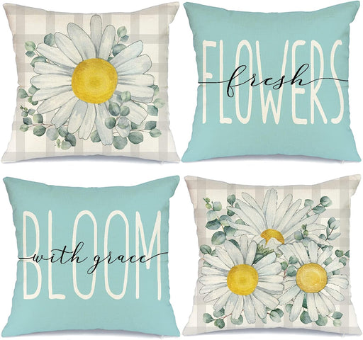 Pillow Covers 18X18 Set of 4 Beige Bufflo Plaid Daisy Eucalyptus Leaves Decorative Blue Throw Pillow Covers Bloom with Grace Pillowcase Spring Summer Decorations Farmhouse Decor